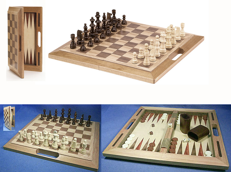 3 in 1 Oak Wood Chess Checkers & Backgammon Combination Set with Carrying Handle
