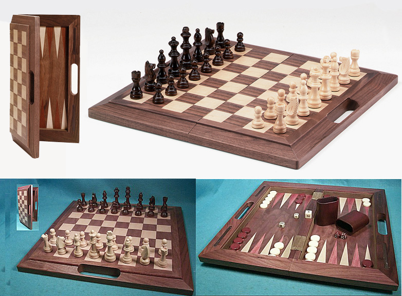 3 in 1 Walnut Wood Combination Chess Backgammon & Checkers Set with Carrying Case