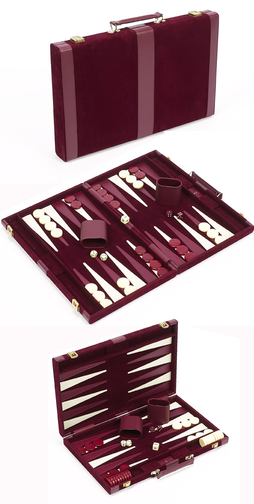 Small, Burgundy Velour Backgammon Set With Leatherette Accents. 