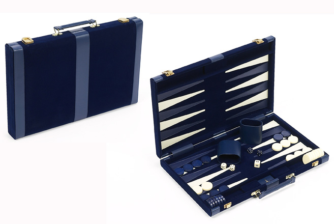 Small, Blue Velour Backgammon Set with Leatherette Accents. 