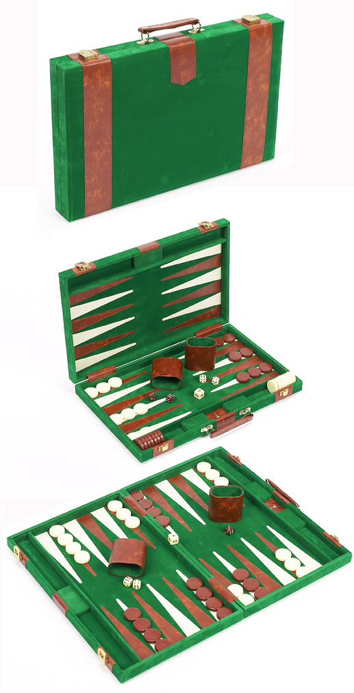 Travel Size Green Velour Backgammon Set With Leatherette Accents