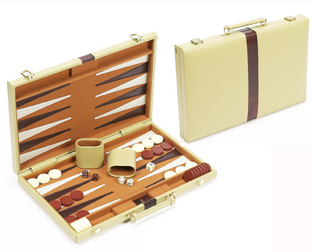 Small, Elegant Cream Leatherette Backgammon Set with Felted Playing Field.