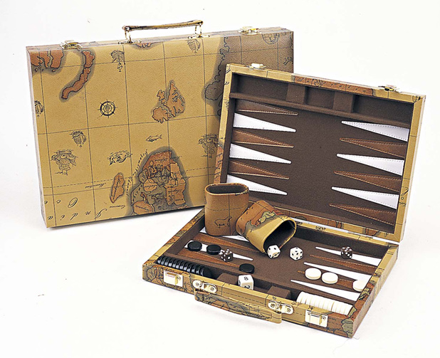 Compact Size, Light Brown Map Pattern Backgammon Set.