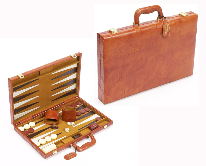 18 Brown Leather Backgammon Set. 