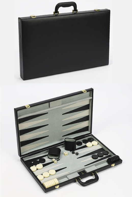 21 Tournament  Black Leatherette Backgammon Set. 