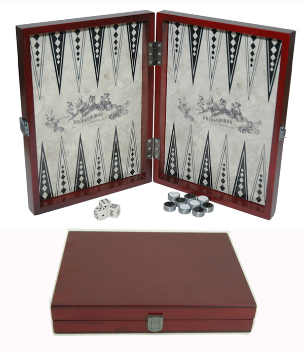 Red Backgammon Wooden Set With Artistic Design Inlaid. 