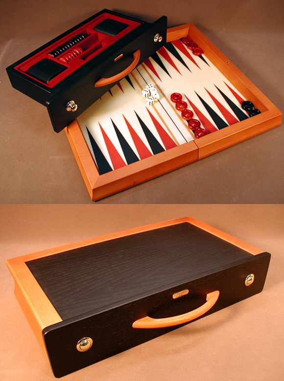  Wood Attache Backgammon Set With  Red & BlackAlabaster Checkers