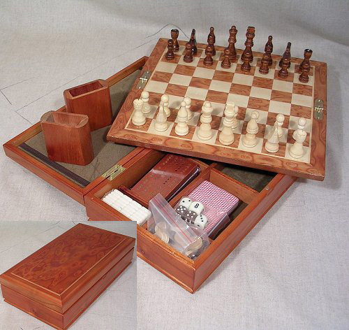 7-in-1 Burl Finish Folding Combination Chess Game Set