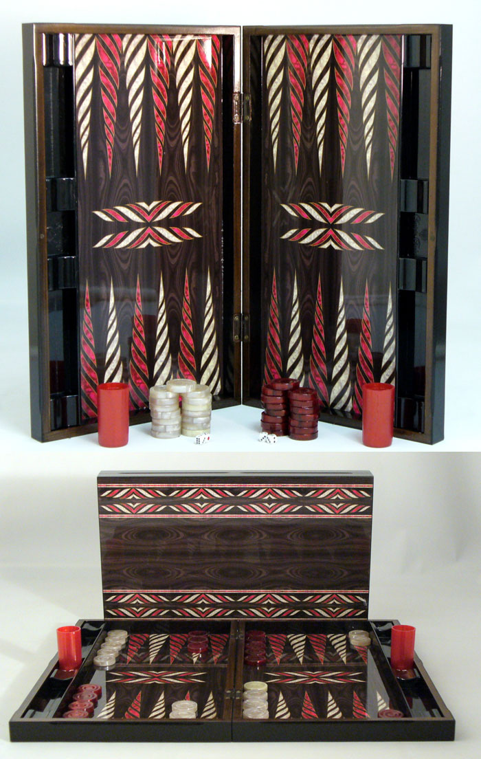 Red and Ivory Native Design on Wood Backgamon Set