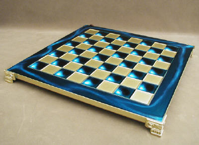 Blue Metal Brass and Wood Chess Board.