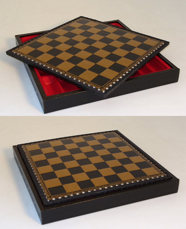 Italian Black & Gold Pressed Leather and Wood Chest Chessboard. 
