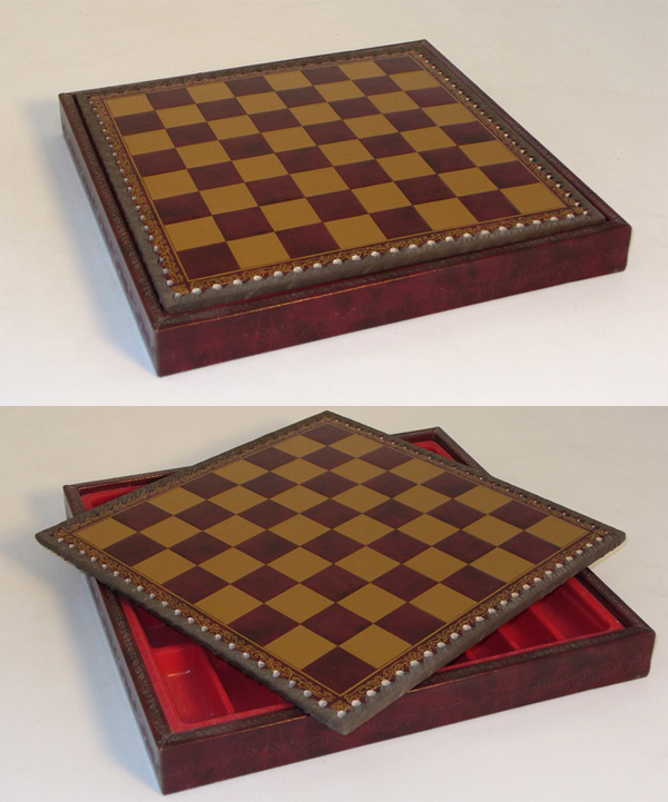 Italian Pressed Leather Chest Chessboard- Burgundy & Gold