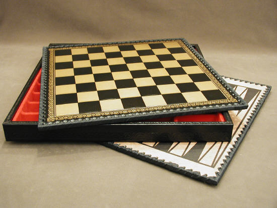 Pressed Leather & Wood Black & Gold Chest & Backgammon Chessboard With Storage Compartment. 