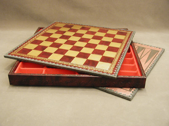 Italian Burgundy & Gold Pressed Leather Chest Chess & Backgammon board. 