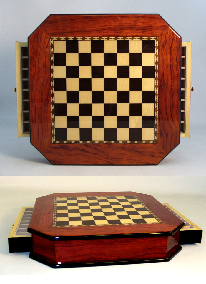 Inlaid Padauk Octagon Black & Maple Chess Board with Storage Compartment.