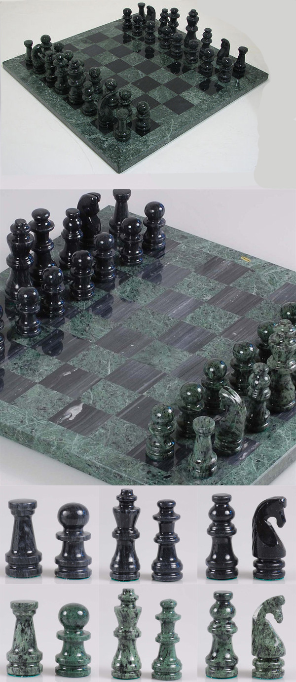 Hand Polished Green and Black Marble Chess Set with Matching Game Pieces