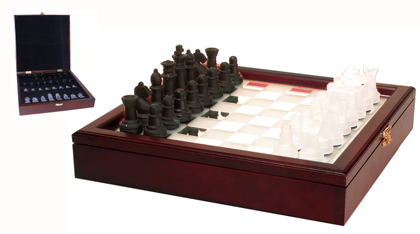 Frosted Mirror Top Glass Chess Set with Cherry Wood Board