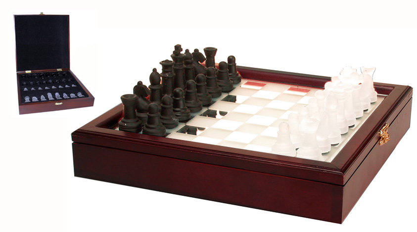 15 Black and Frosted Glass Chess Set with Mirror Board