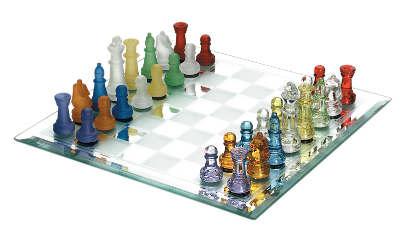 Colored Glass Chess Set with Mirrored Chessboard