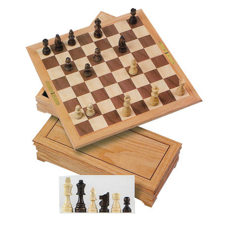 Oak Wood Fold-Away Chess & Checkers Combination Set