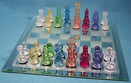 15 Black and Frosted Glass Chess Set with Mirror Board