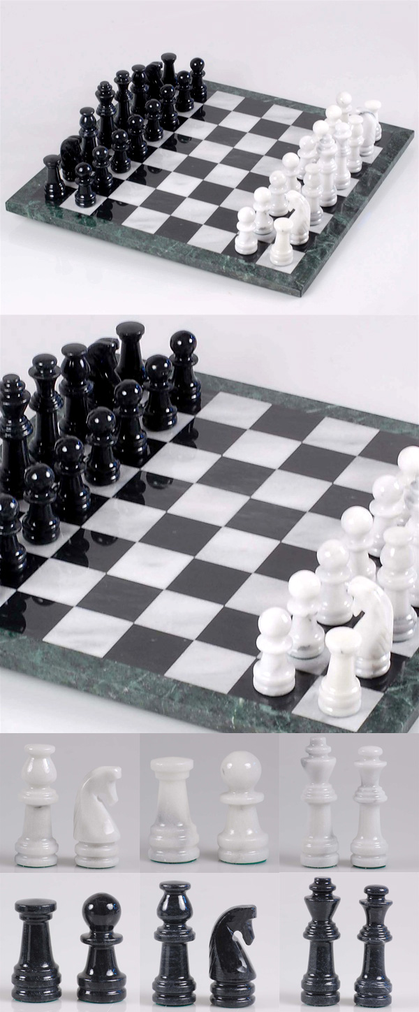 European Marble Chess Set in Soft White & Black Ebony with Jade Green Border