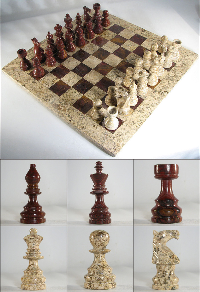 Auburn & Coral Stone Italian Marble Chess Set