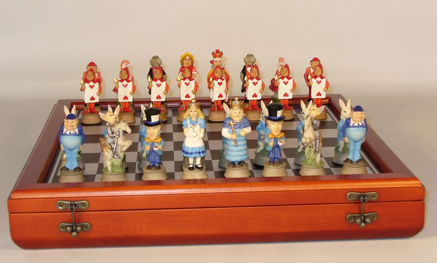Alice in Wonderland Painted Chessmen on Cherry Stained Chest Board