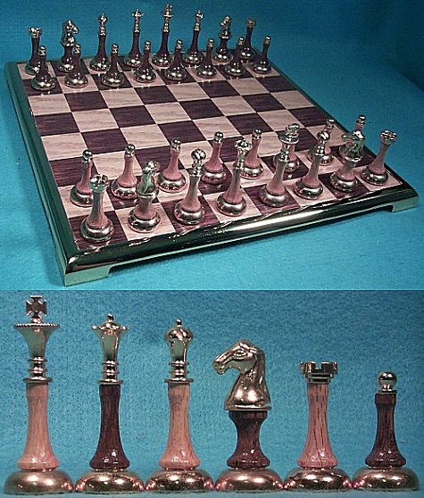 Oak Wood and Gold Plated Metal Modern Contemporary Chess Set