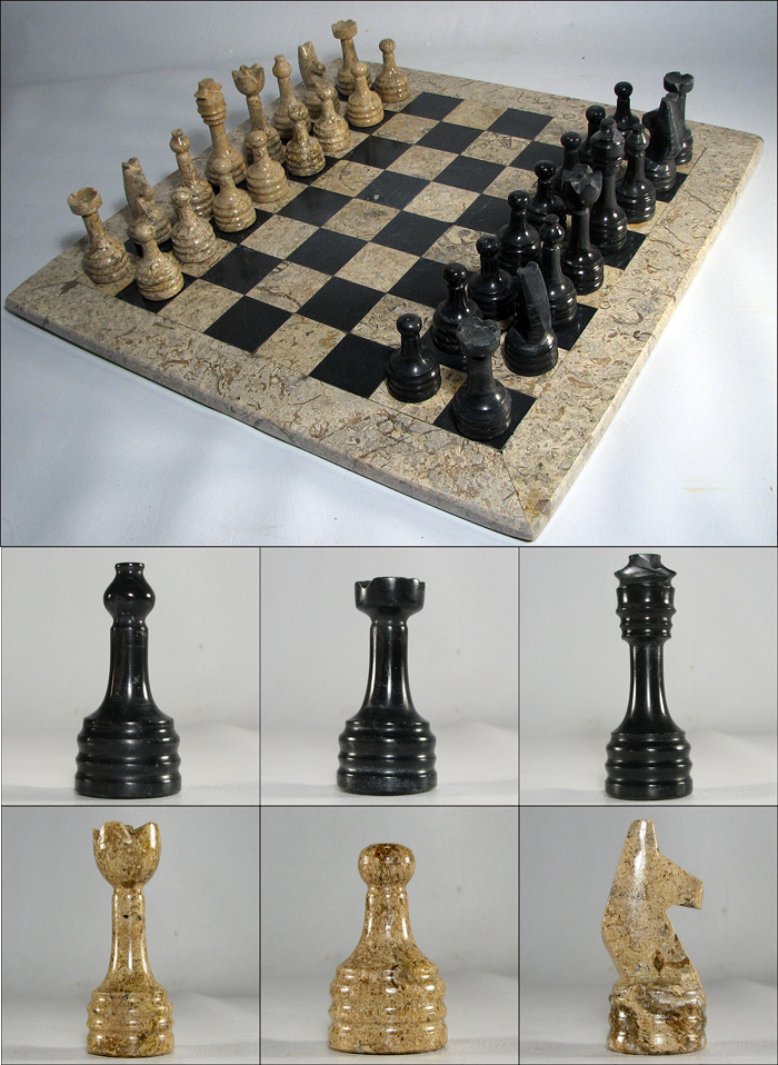 European Marble Chess Set with Coral Stone and Black