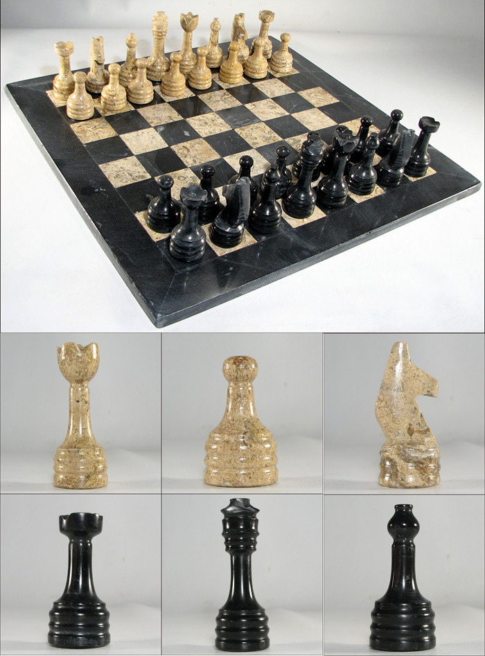 European Marble Chess Set with Ebony Black and Coral Stone