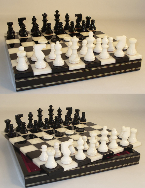 Alabaster Chess & Checkers Combination Set  In Inlaid Wood Chest 