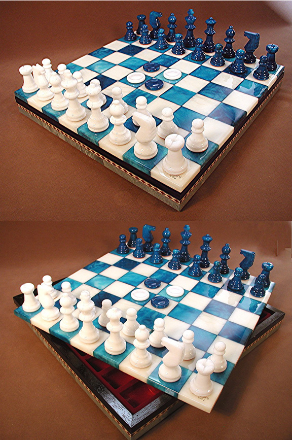 Blue & White Alabaster Chess & Checkers Game Set With Storage Compartment.