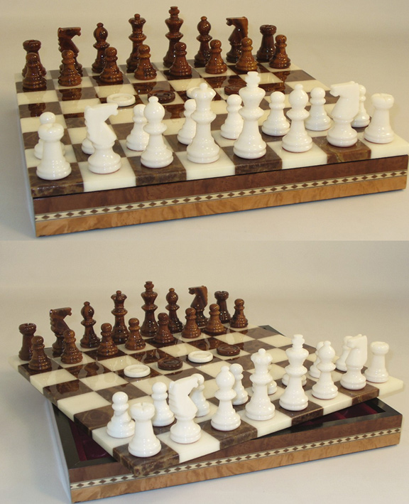 White & Brown Alabaster Chess & Checkers Game Set With 3