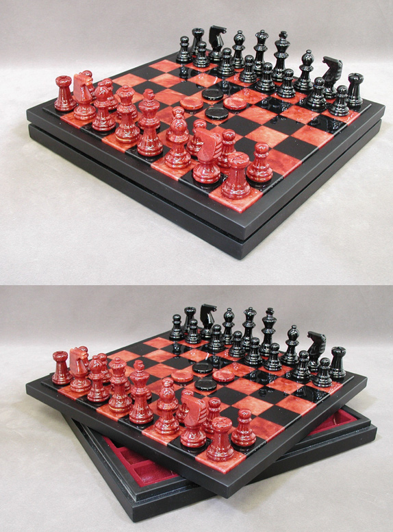 Red & Black Alabaster Chess & Checkers Game Set In Wood Chest.