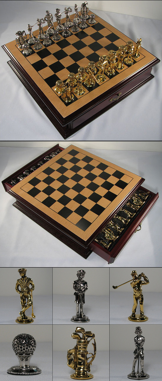 Golf Chess Set - Elegant Silver & Brass Metal Themed