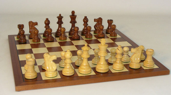 French Knight Sheesham and Boxwood Chessmen on Sepele and Maple Board