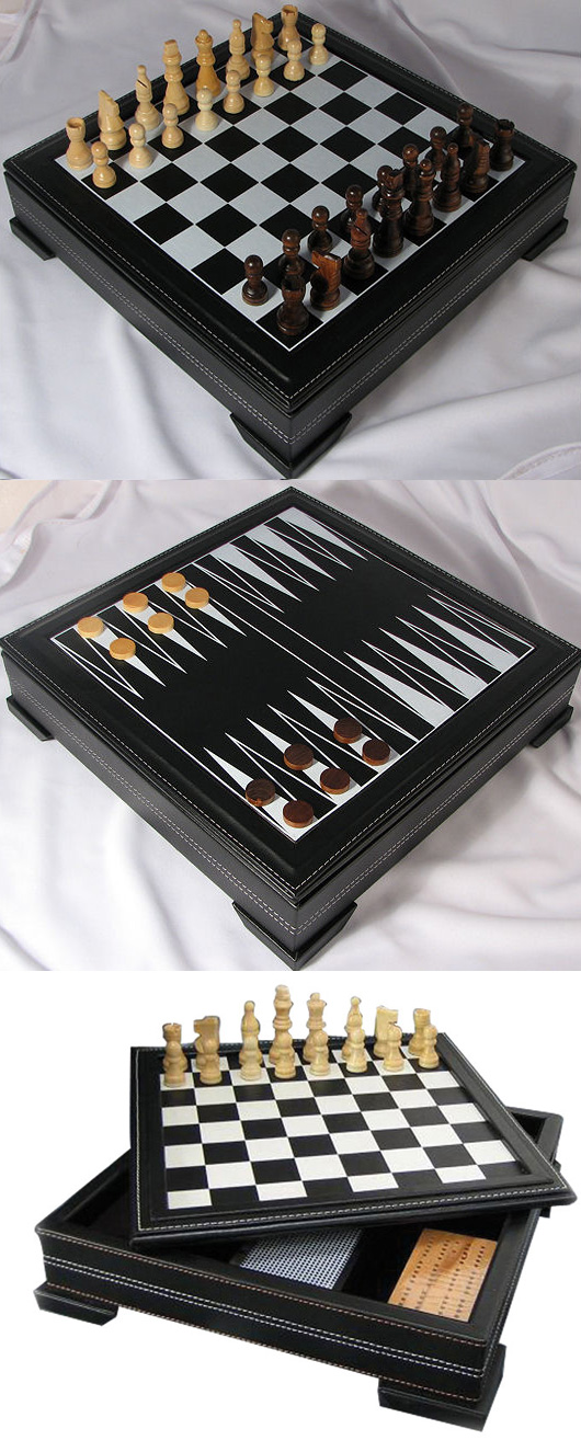 Seven In One Multi-Game Chess Combination Set in Black Leather