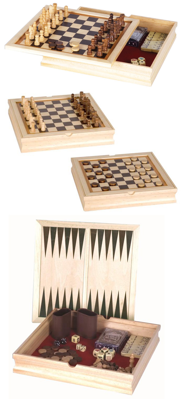 Six in One Multi Game Combo Set - Chess, Checkers, Backgammon, Dominoes, Cards or Cribbage