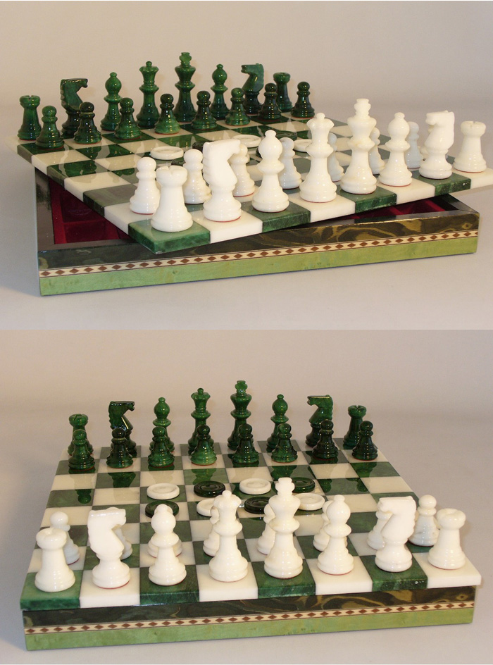 Green & White Italian Alabaster Chess & Checkers Set with Wood Chest