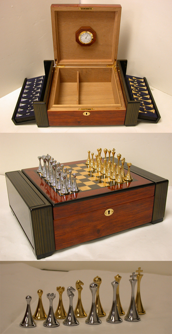 High Gloss Chess Set & Humidor With 32 Gold SIlver Plated Chessmen.