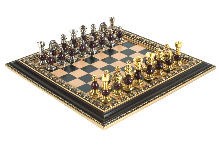 Neoclassical  Flare Chess Set With Dark Tones and Contrasting Metal Accents. 