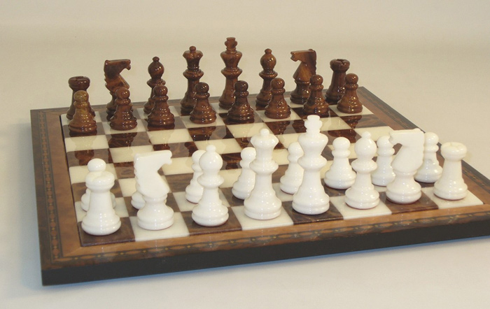 Brown & White Alabaster Chess Set With Inlaid Wood Frame