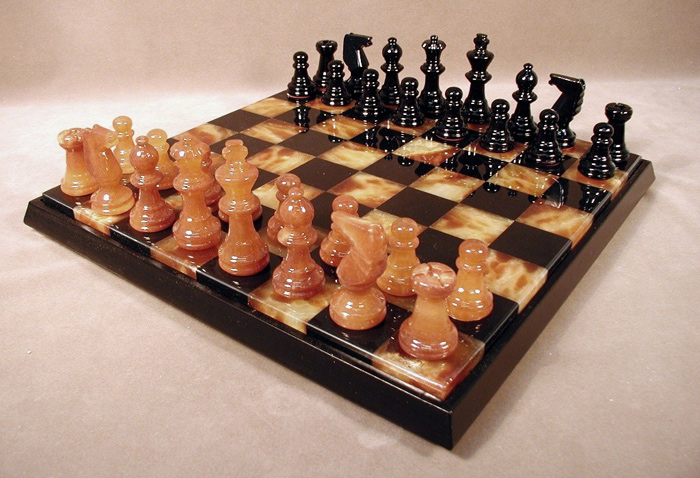 Black & Brown Italian Alabaster Chess Set on Solid Wood Base