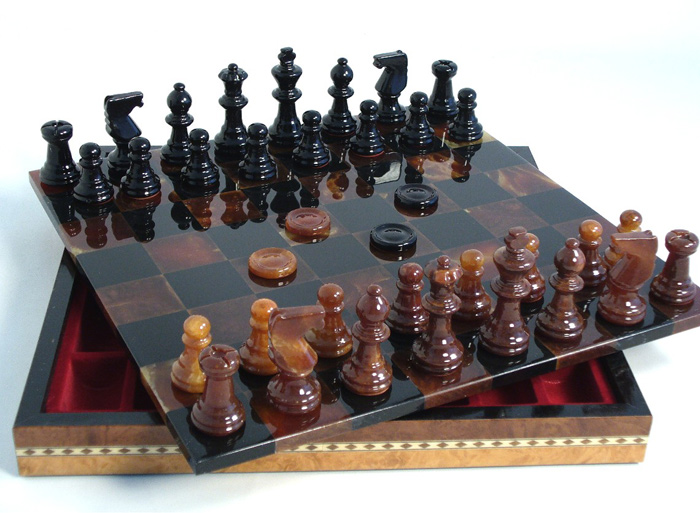 Black & Brown European Alabaster Chess Set with Storage Compartment for Chess Pieces.