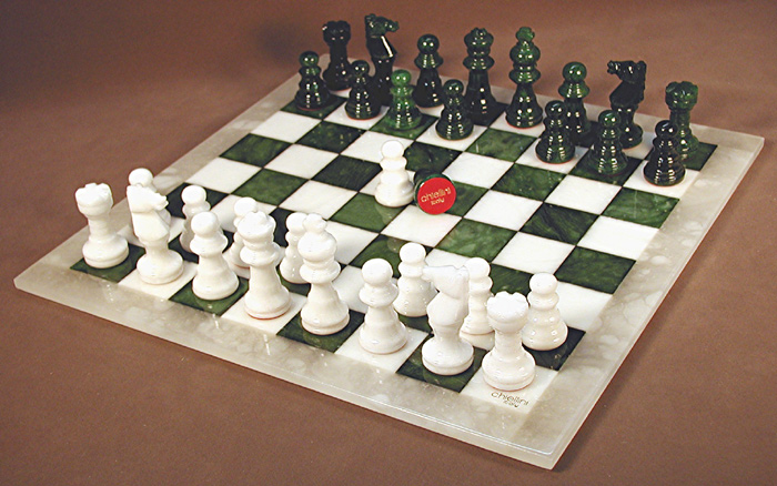 Alabaster Stone Green & White Chess Set with White Frame