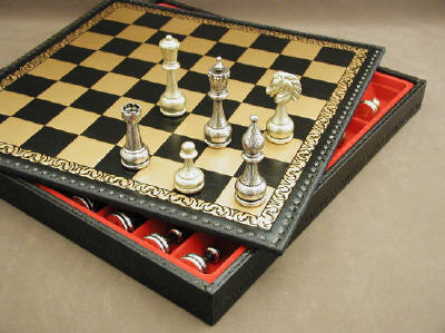 Staunton Metal Chessmen on Leather Chess Set