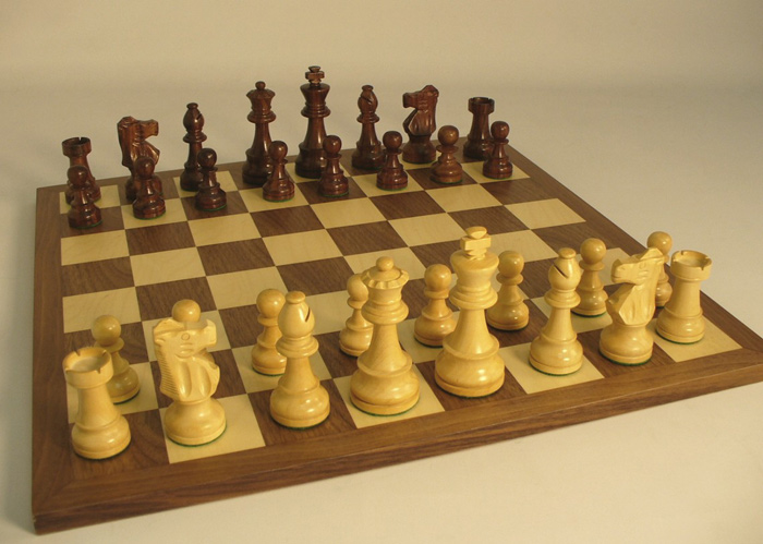 French Knight Staunton Sheesham and Boxwood Chess Set with Walnut and Maple Chessboard.
