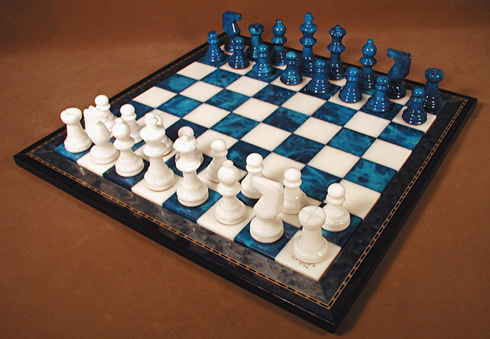 Alabaster Chess Set- Blue and White with Wood Frame