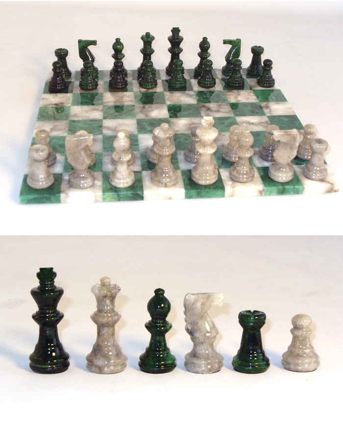 Alabaster Chess Set- Green & Grey with Unframed Chessboard